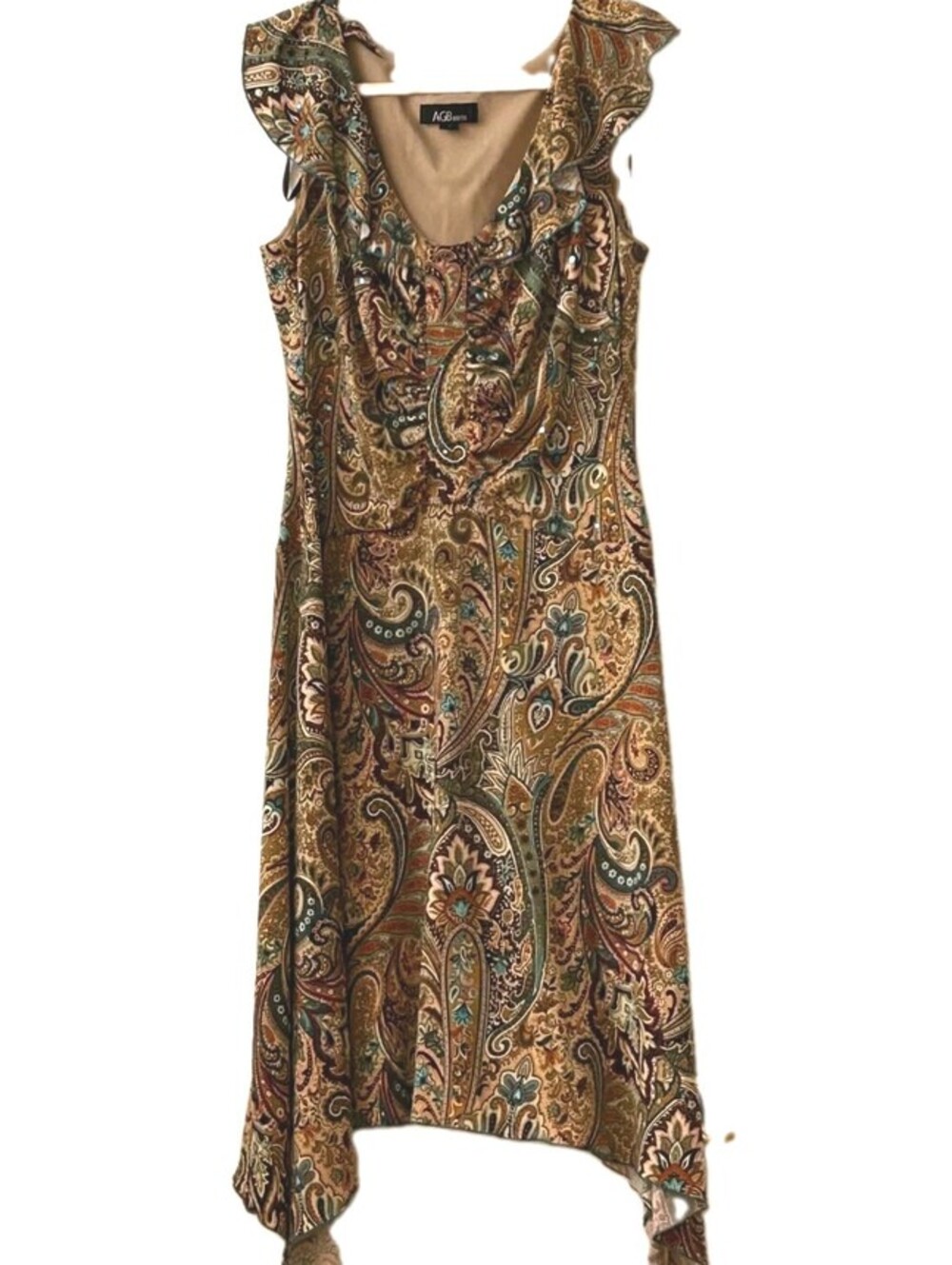 AGB Earth Tone Paisley Ruffle Neck Handkerchief Hem Boho Midi Dress Women Size 8